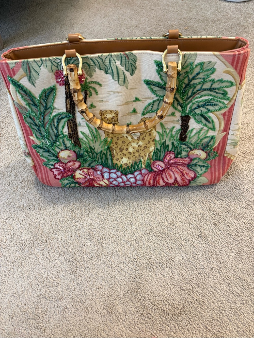 Vintage Isabella Fiore Beaded Jungle Leopard Canvas Tote Bamboo Handles